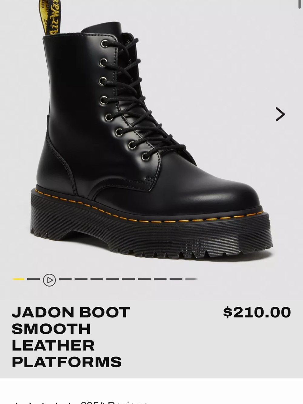 Dr. Martens Black Smooth Leather Platform Lace-Up Boots with Yellow Stitching